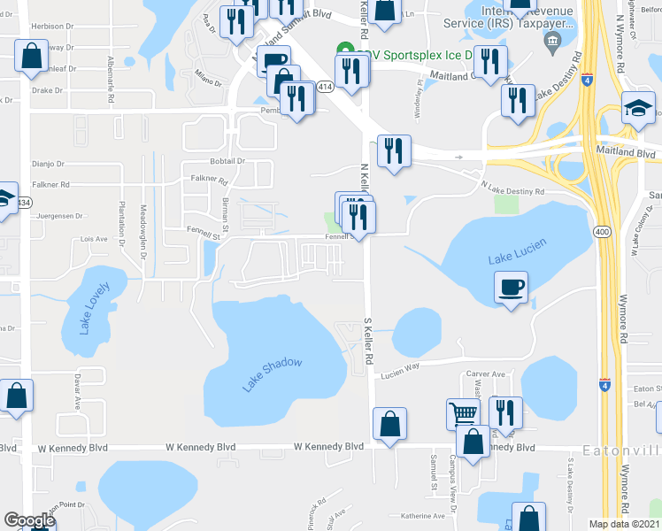 map of restaurants, bars, coffee shops, grocery stores, and more near 2401 Legacy Lake Drive in Maitland