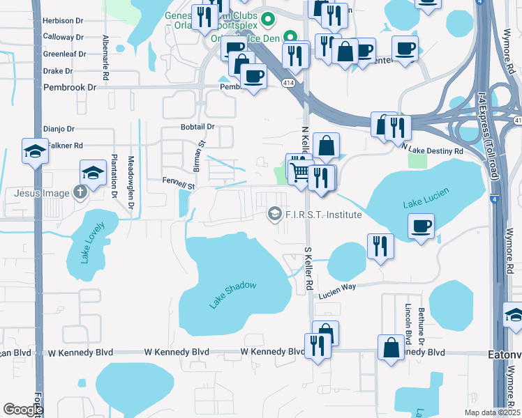 map of restaurants, bars, coffee shops, grocery stores, and more near 1100 Lake Shadow Circle in Maitland