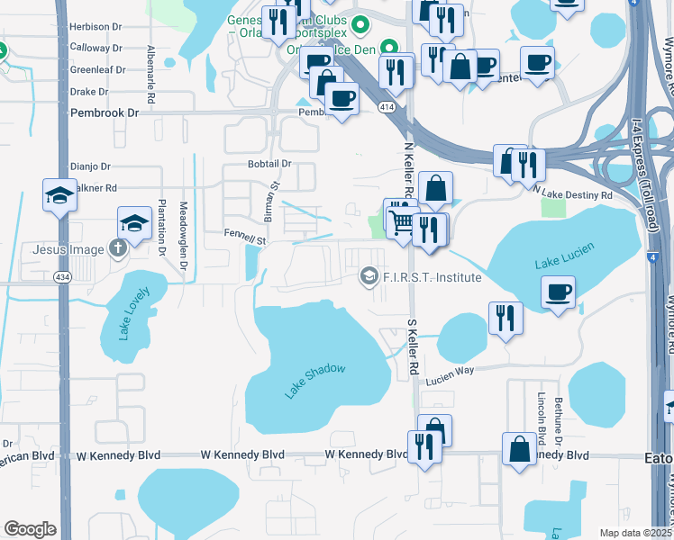 map of restaurants, bars, coffee shops, grocery stores, and more near 1100 Lake Shadow Circle in Maitland
