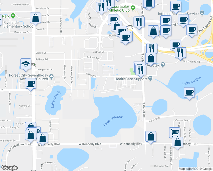 map of restaurants, bars, coffee shops, grocery stores, and more near 1475 Lake Shadow Circle in Maitland