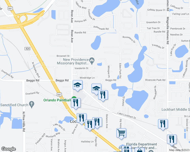 map of restaurants, bars, coffee shops, grocery stores, and more near 5337 Windridge Lane in Orlando