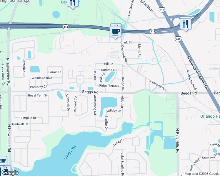 map of restaurants, bars, coffee shops, grocery stores, and more near 6357 Beggs Road in Orlando