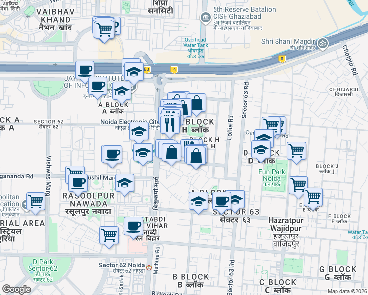 map of restaurants, bars, coffee shops, grocery stores, and more near in Noida
