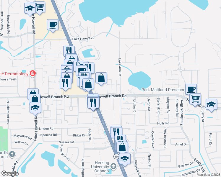 map of restaurants, bars, coffee shops, grocery stores, and more near 2593 Galliano Circle in Winter Park