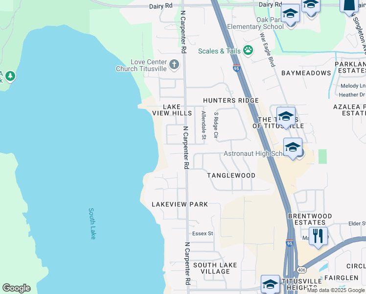 map of restaurants, bars, coffee shops, grocery stores, and more near 820 North Carpenter Road in Titusville