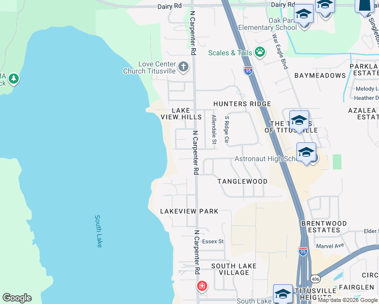 map of restaurants, bars, coffee shops, grocery stores, and more near 820 North Carpenter Road in Titusville