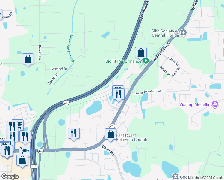 map of restaurants, bars, coffee shops, grocery stores, and more near 5549 Rutherford Place in Oviedo