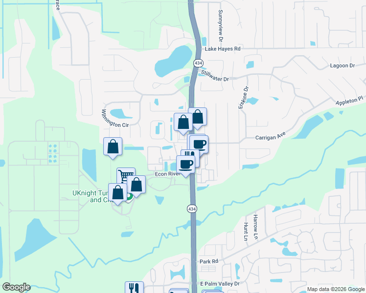 map of restaurants, bars, coffee shops, grocery stores, and more near 3015 Alafaya Trail in Oviedo