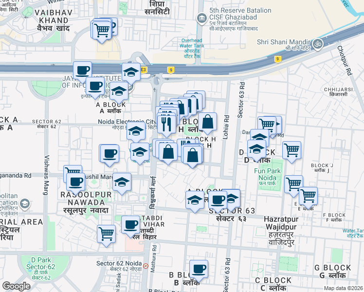 map of restaurants, bars, coffee shops, grocery stores, and more near H-107 Sector 63 Road in Noida