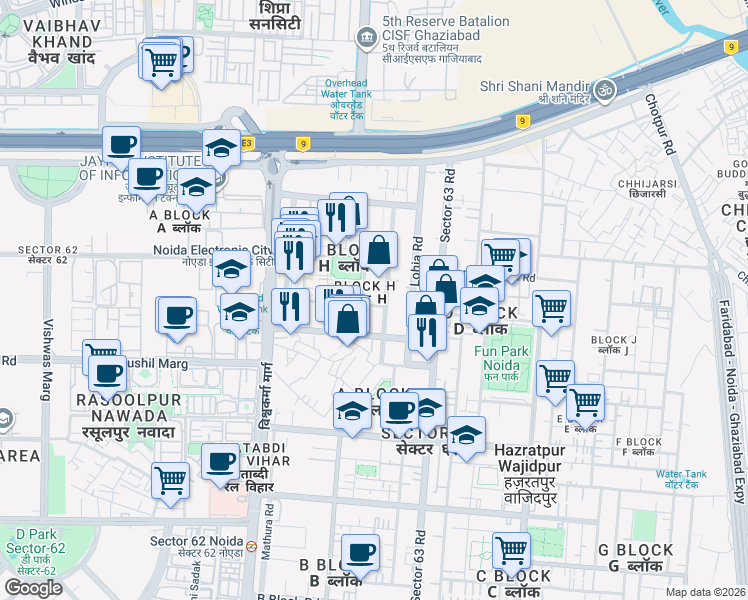 map of restaurants, bars, coffee shops, grocery stores, and more near D - 49 Lohia Road in New Okhla Industrial Development Area