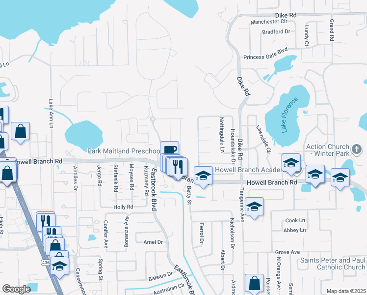 map of restaurants, bars, coffee shops, grocery stores, and more near 1404 Westdale Avenue in Winter Park