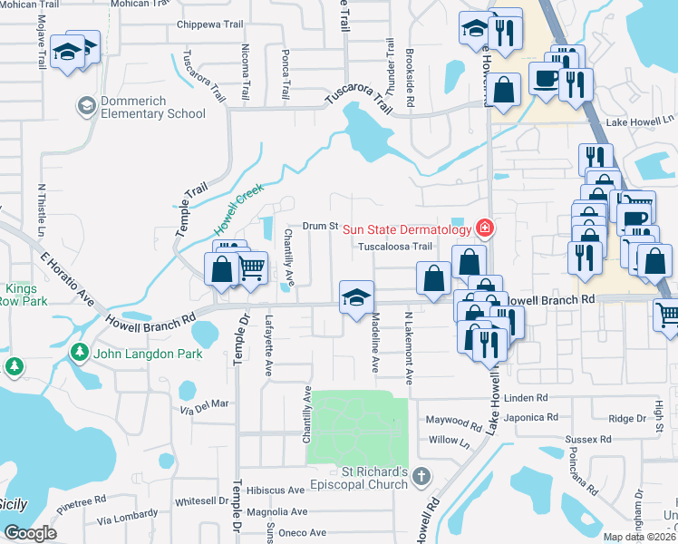map of restaurants, bars, coffee shops, grocery stores, and more near 2808 Sanbina Street in Winter Park