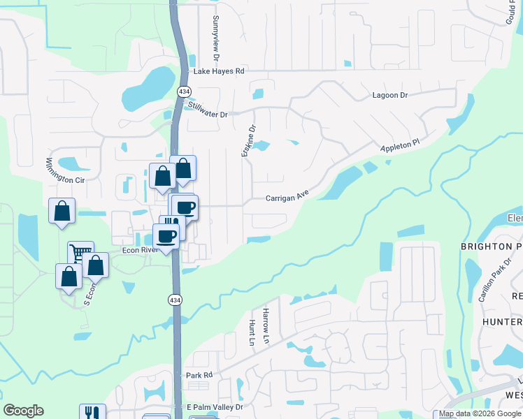map of restaurants, bars, coffee shops, grocery stores, and more near 577 Carrigan Woods Trail in Oviedo