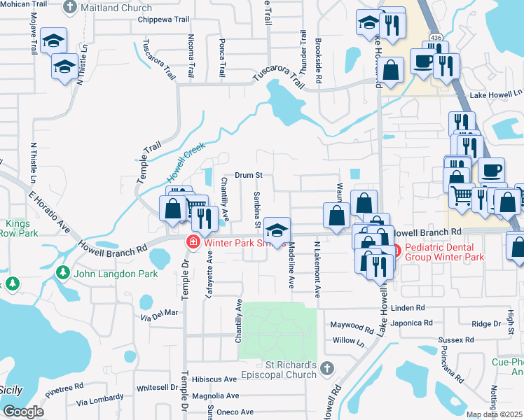 map of restaurants, bars, coffee shops, grocery stores, and more near 2844 Sanbina Street in Winter Park