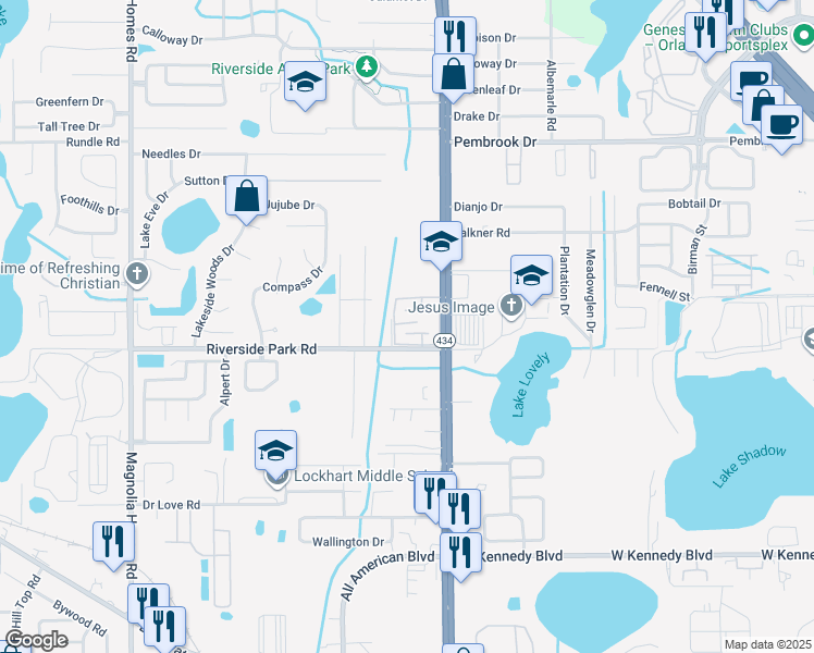 map of restaurants, bars, coffee shops, grocery stores, and more near 7644 Forest City Road in Orlando