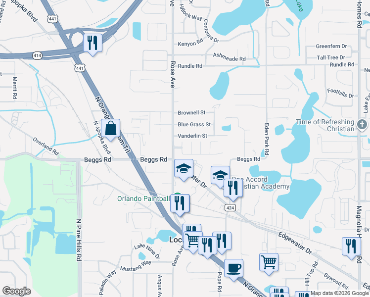 map of restaurants, bars, coffee shops, grocery stores, and more near 5433 Windridge Lane in Orlando