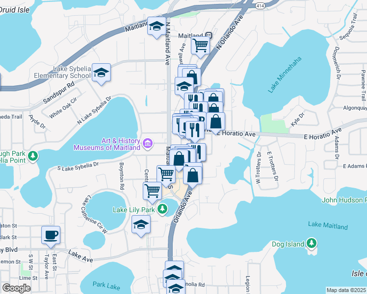 map of restaurants, bars, coffee shops, grocery stores, and more near 190 Independence Lane in Maitland
