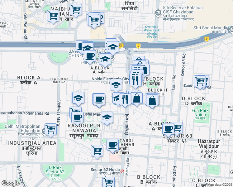 map of restaurants, bars, coffee shops, grocery stores, and more near in Noida