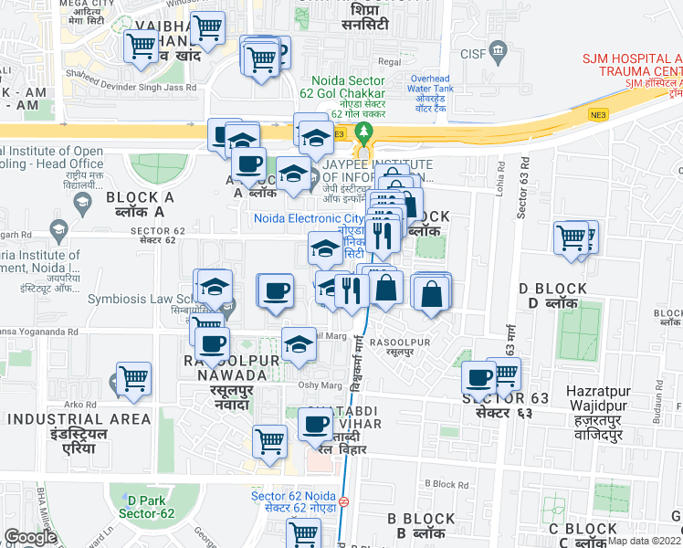 map of restaurants, bars, coffee shops, grocery stores, and more near in Noida