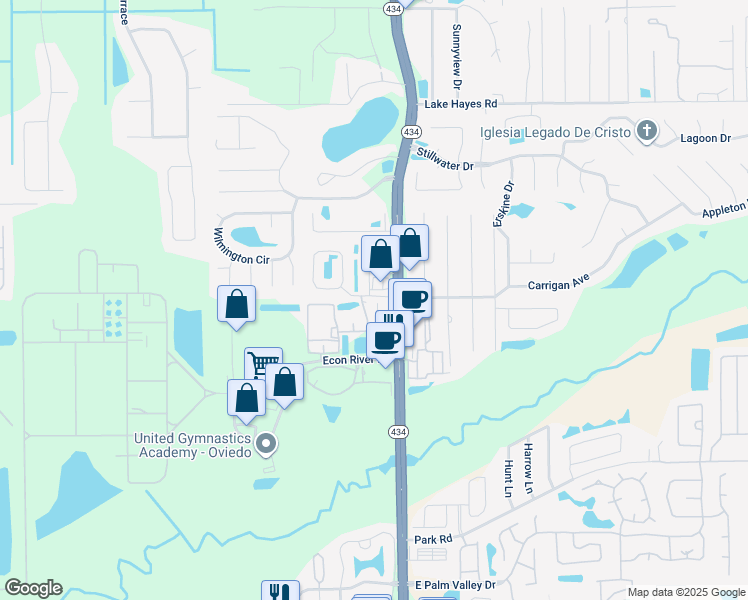 map of restaurants, bars, coffee shops, grocery stores, and more near 2590 Greenhill Way in Oviedo