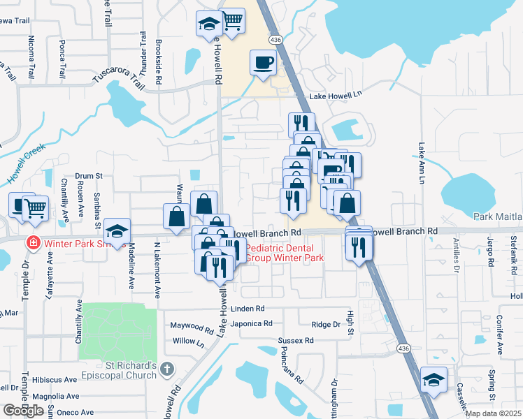 map of restaurants, bars, coffee shops, grocery stores, and more near 416 Banyon Tree Circle in Maitland