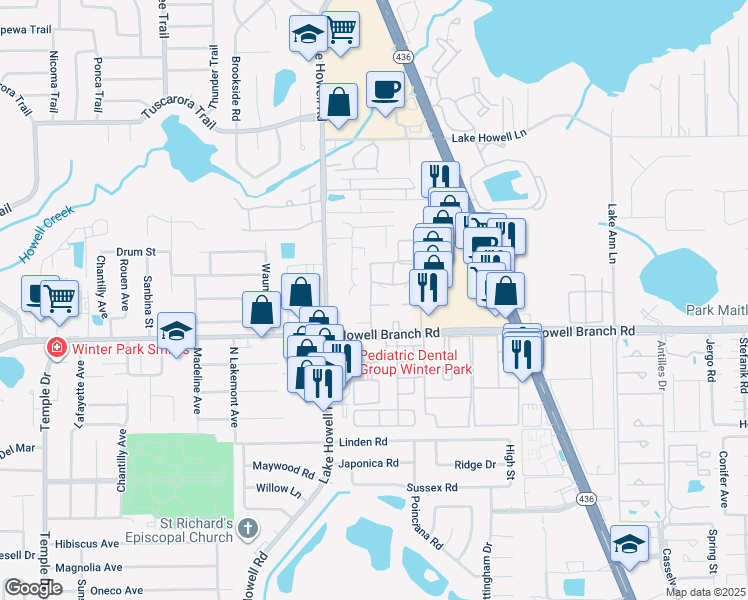 map of restaurants, bars, coffee shops, grocery stores, and more near 2101 Howell Branch Road in Maitland