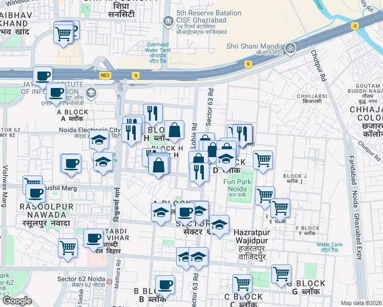 map of restaurants, bars, coffee shops, grocery stores, and more near Lohia Road in New Okhla Industrial Development Area