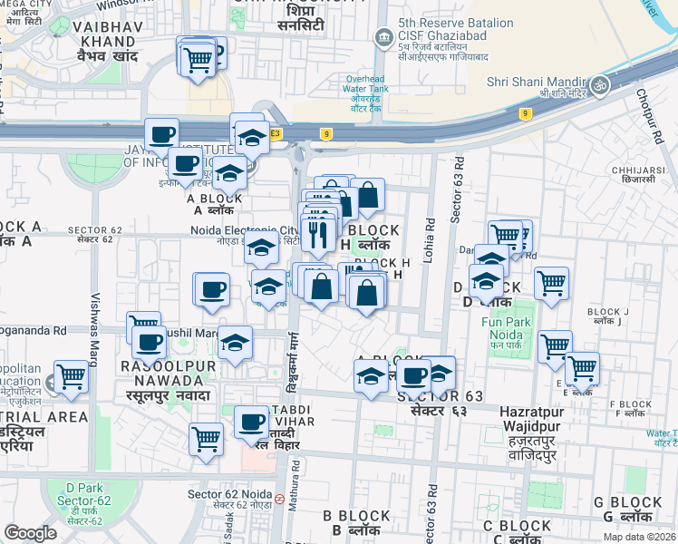 map of restaurants, bars, coffee shops, grocery stores, and more near in Noida