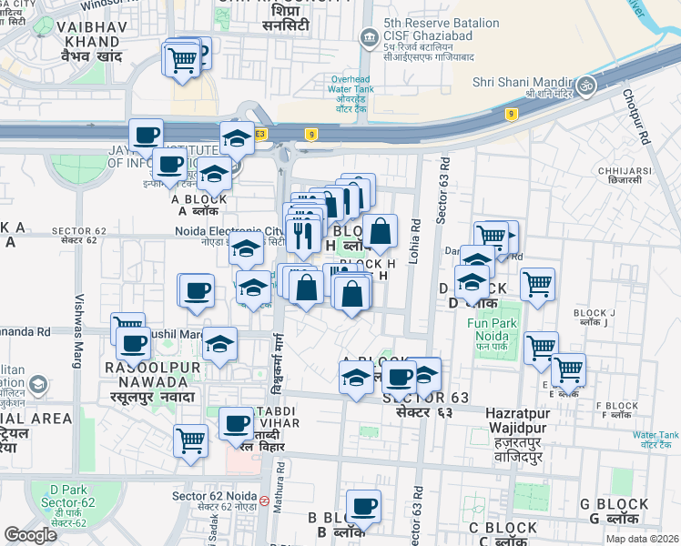 map of restaurants, bars, coffee shops, grocery stores, and more near H-107 Sector 63 Road in Noida