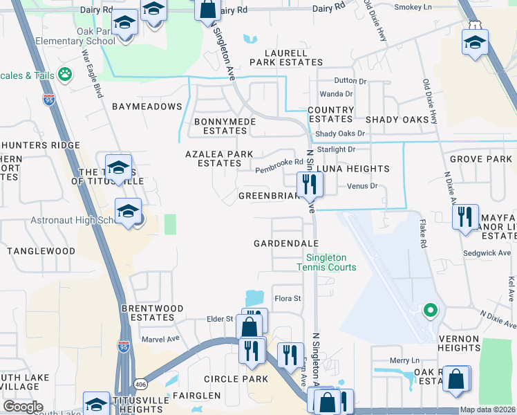 map of restaurants, bars, coffee shops, grocery stores, and more near 2932 Larkspur Street in Titusville