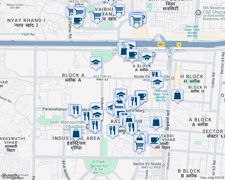 map of restaurants, bars, coffee shops, grocery stores, and more near in Noida