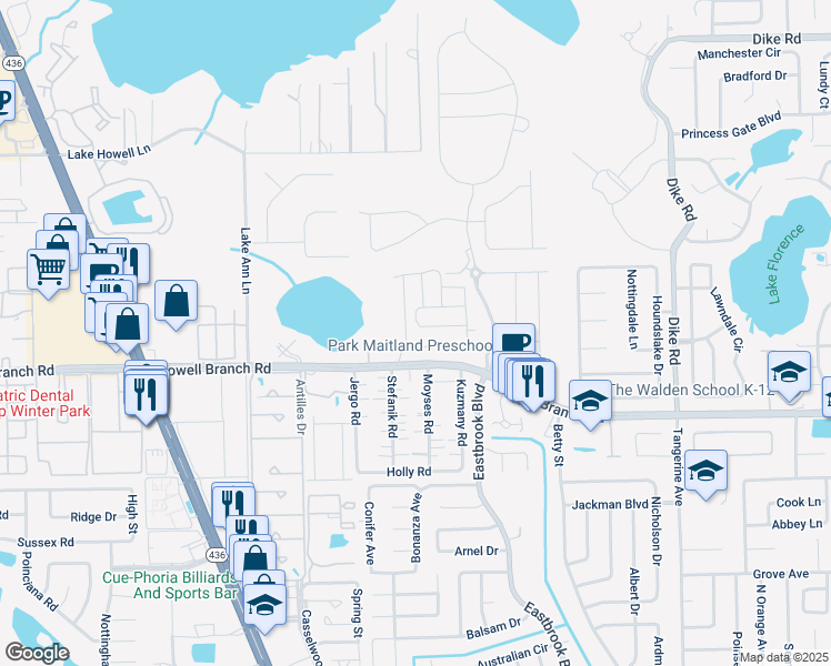 map of restaurants, bars, coffee shops, grocery stores, and more near 2440 Firstlight Way in Winter Park