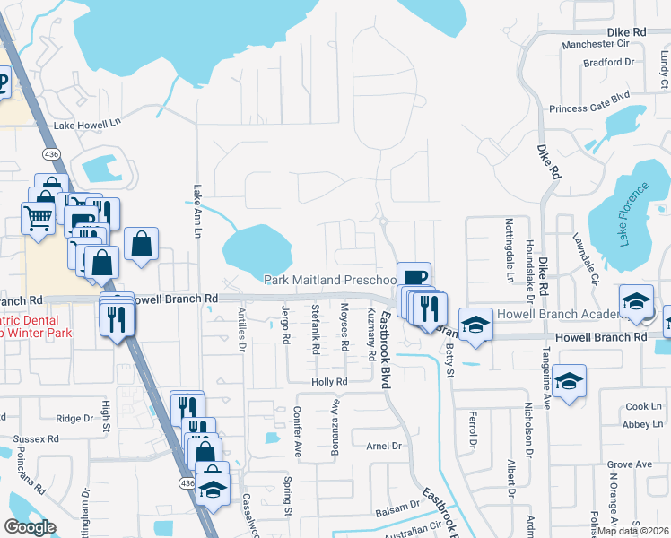 map of restaurants, bars, coffee shops, grocery stores, and more near 2440 Firstlight Way in Winter Park