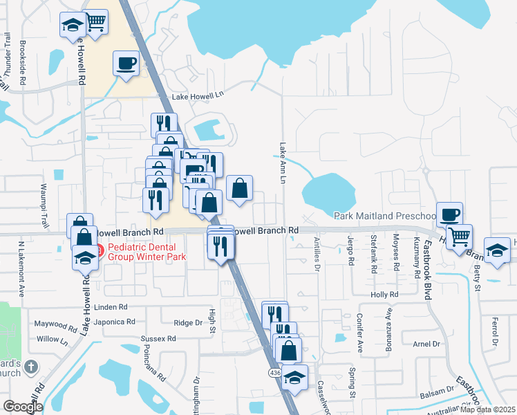 map of restaurants, bars, coffee shops, grocery stores, and more near 2593 Galliano Circle in Winter Park