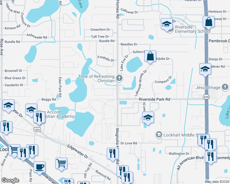 map of restaurants, bars, coffee shops, grocery stores, and more near 7624 Lake Gandy Circle in Orlando