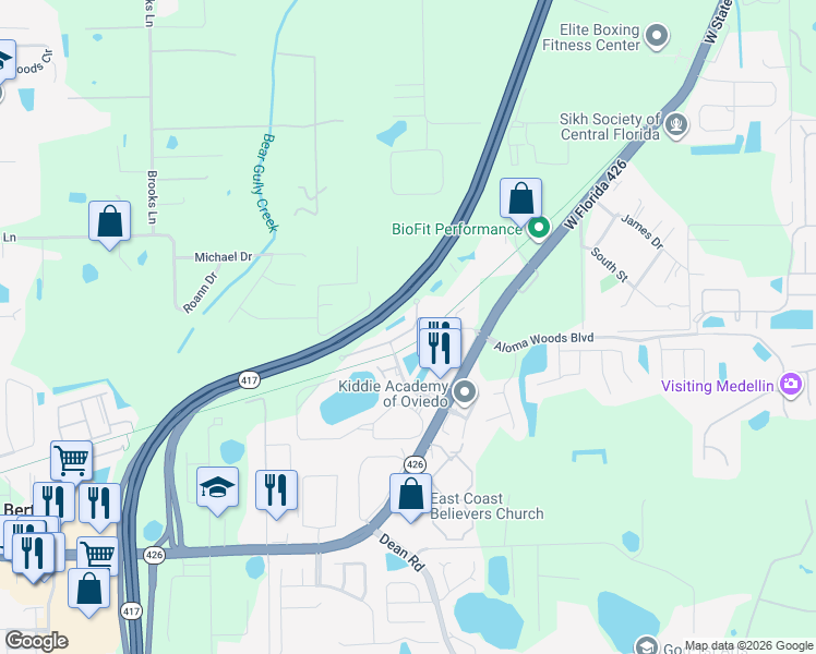 map of restaurants, bars, coffee shops, grocery stores, and more near 5549 Rutherford Place in Oviedo