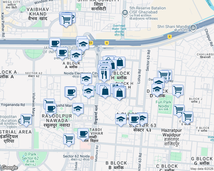 map of restaurants, bars, coffee shops, grocery stores, and more near in Noida