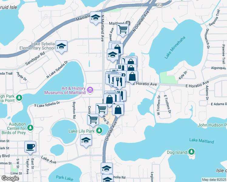 map of restaurants, bars, coffee shops, grocery stores, and more near 171 South Orlando Avenue in Maitland