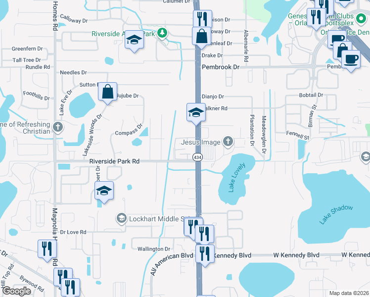 map of restaurants, bars, coffee shops, grocery stores, and more near 7600 Forest City Road in Orlando