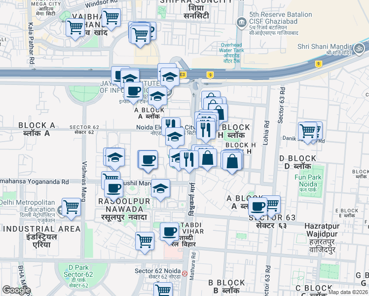 map of restaurants, bars, coffee shops, grocery stores, and more near in Noida