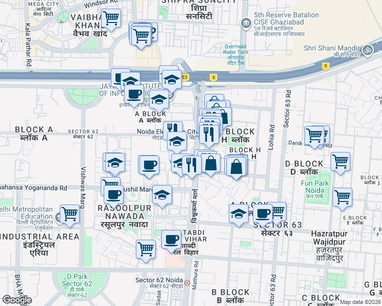 map of restaurants, bars, coffee shops, grocery stores, and more near in Noida