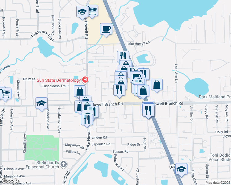 map of restaurants, bars, coffee shops, grocery stores, and more near 251 Sorrento Circle in Maitland