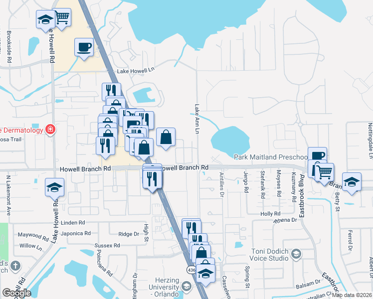 map of restaurants, bars, coffee shops, grocery stores, and more near 2656 Galliano Circle in Winter Park
