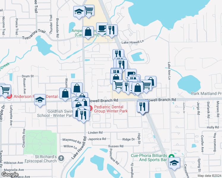 map of restaurants, bars, coffee shops, grocery stores, and more near 251 Sorrento Circle in Maitland