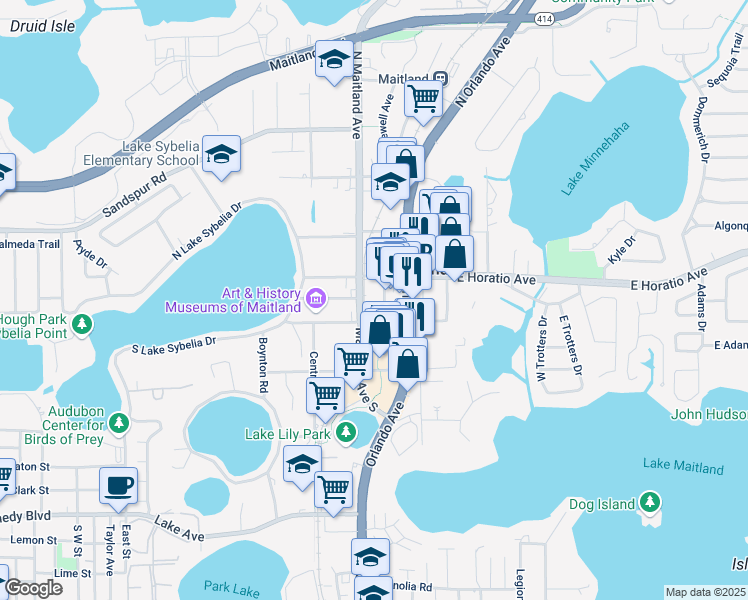 map of restaurants, bars, coffee shops, grocery stores, and more near 1776 Independence Lane in Maitland