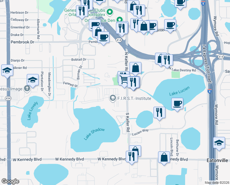 map of restaurants, bars, coffee shops, grocery stores, and more near 2401 Legacy Lake Drive in Maitland