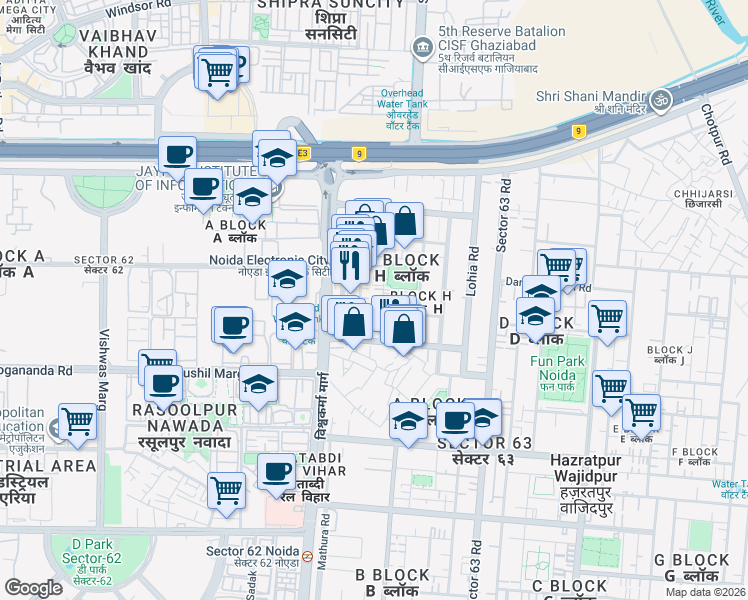 map of restaurants, bars, coffee shops, grocery stores, and more near in Noida