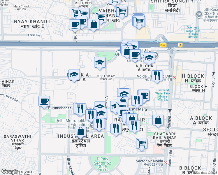map of restaurants, bars, coffee shops, grocery stores, and more near Vishwas Marg in Noida