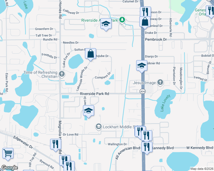map of restaurants, bars, coffee shops, grocery stores, and more near 3233 Riverside Park Road in Orlando