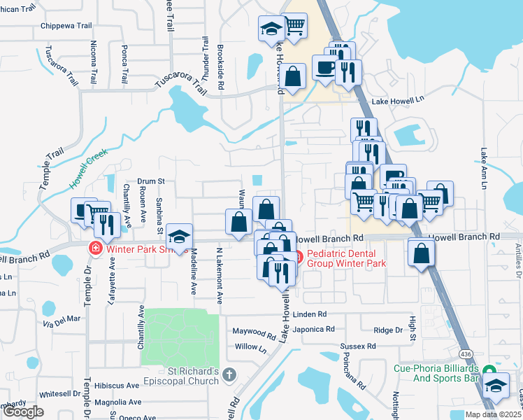map of restaurants, bars, coffee shops, grocery stores, and more near 2803 Red Lion Square in Winter Park
